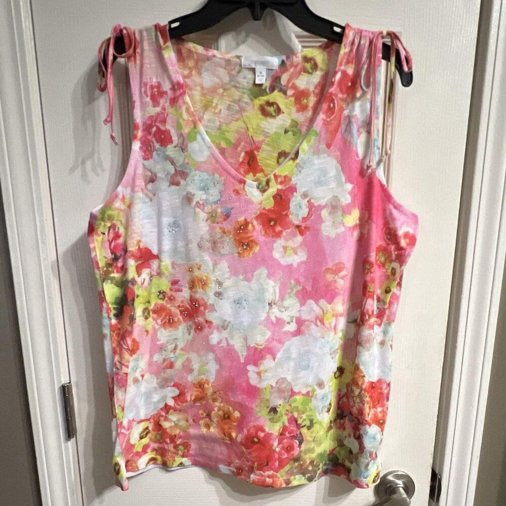 Concepts Women’s M Floral Sleeveless Top Rhinestone Embellished Pink Multicolor